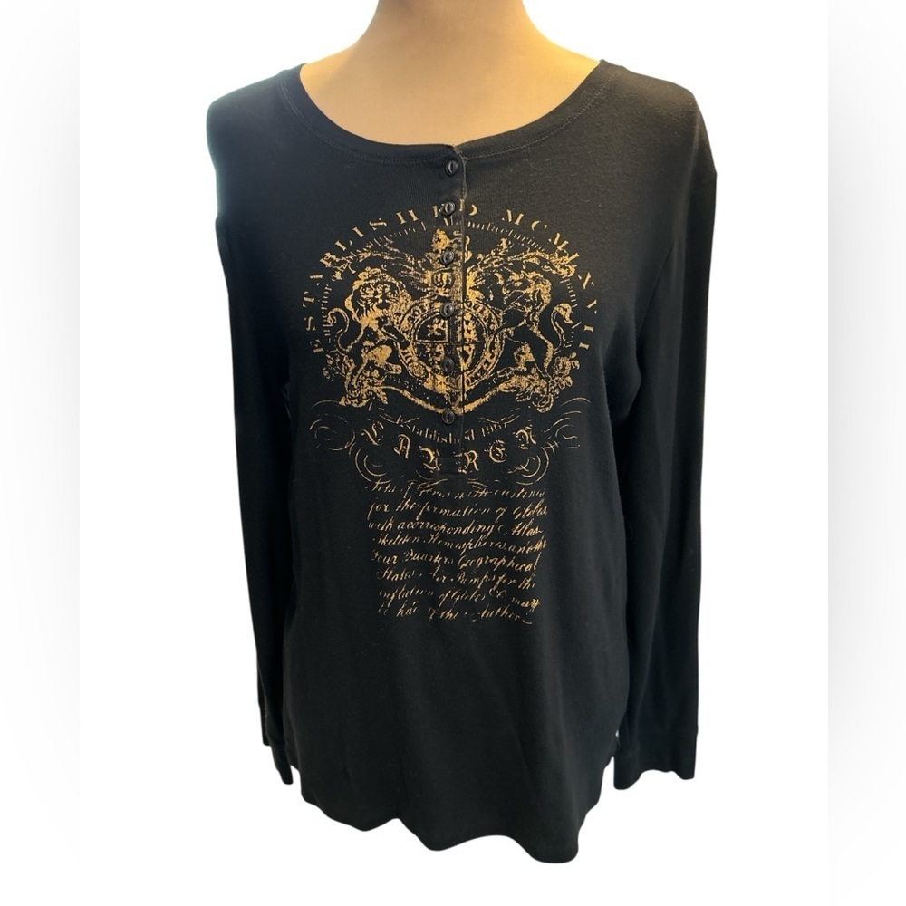Vintage Long Sleeve Black Lauren Ralph Lauren Henley Top Women’s Printed Crest M